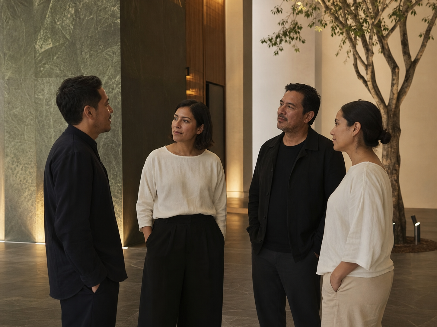 Cuatro integrantes de la comunidad conversando en un espacio contemporáneo